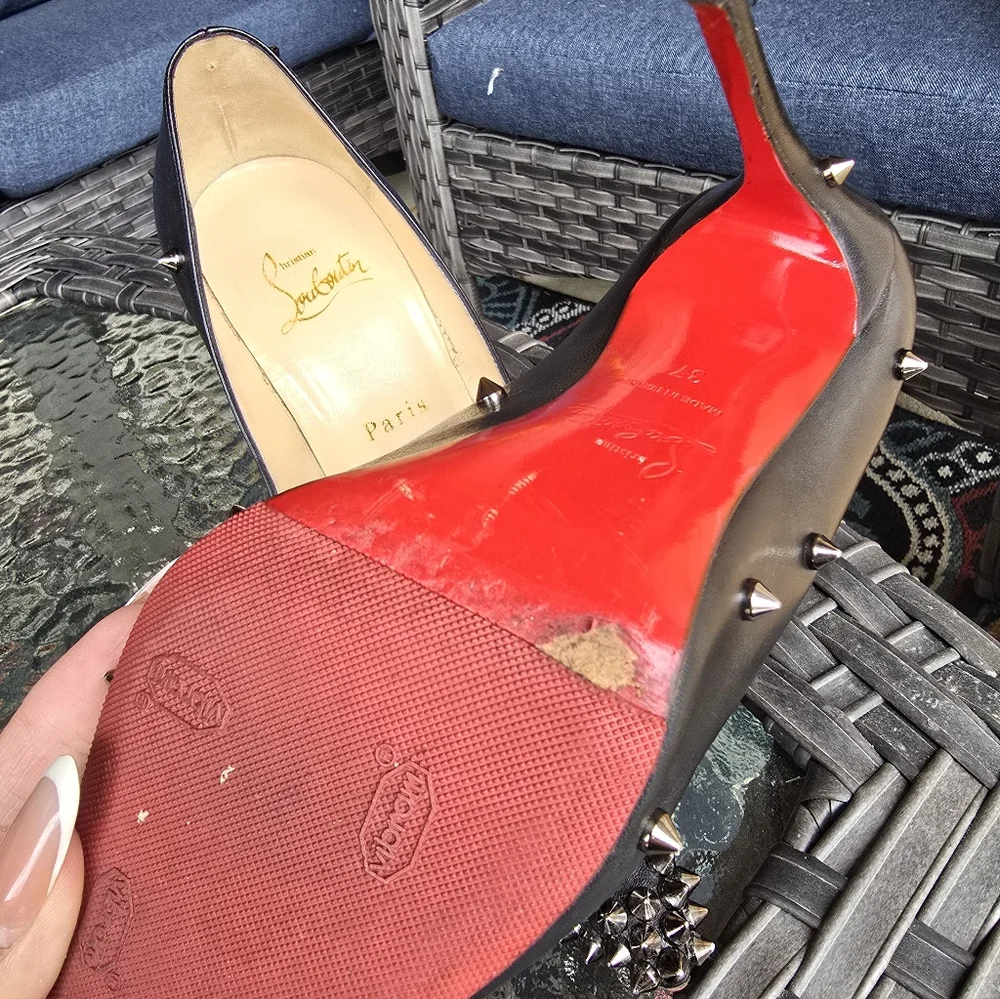 Authentic Christian Louboutin Black Leather Spiked Heels - Picture 9 of 13